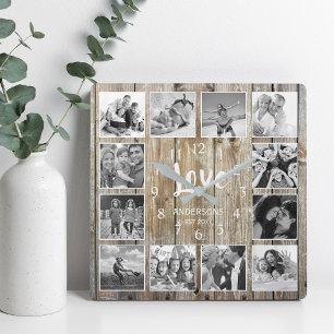 Custom 12 Photo Collage Family Love Reclaimed Wood Square Wall Clock