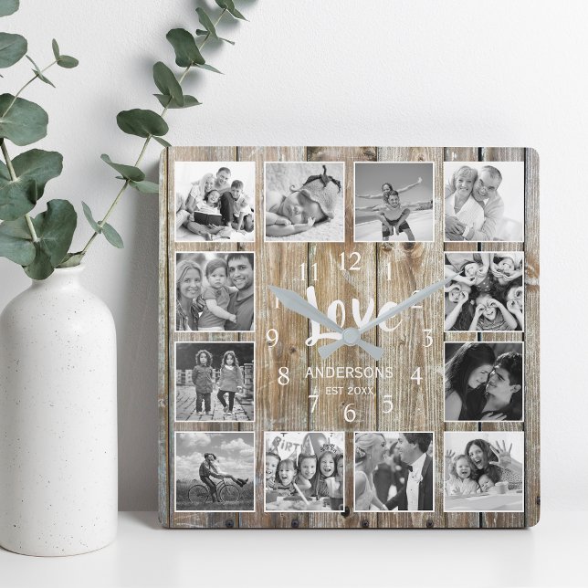 Custom 12 Photo Collage Family Love Reclaimed Wood Square Wall Clock (Creator Uploaded)