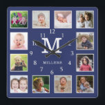 Custom 12 Photo Collage Family Name Monogram Blue Square Wall Clock<br><div class="desc">Create your own photo collage wall clock with 12 of your favourite pictures. The photo frame clock helps you treasure your special moments and also makes a thoughtful gift for parents, grandparents and friends. The personalised clock makes it a perfect gift for all occasions. Personalise with monogram initial, and family...</div>