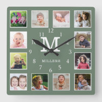 Custom 12 Photo Collage Family Name Monogram Green