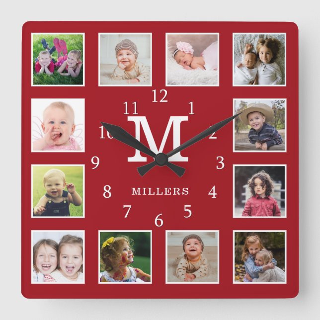 Custom 12 Photo Collage Family Name Monogram Red Square Wall Clock (Front)
