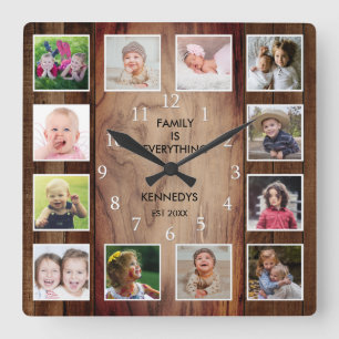 Custom 12 Photo Collage Family Quote Brown Wood Square Wall Clock