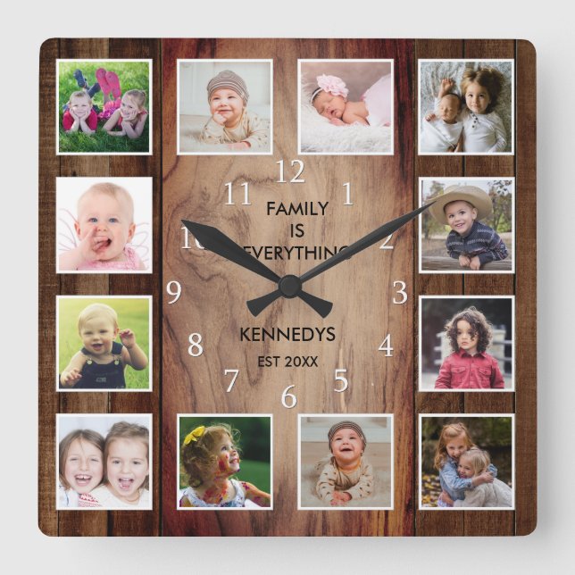 Custom 12 Photo Collage Family Quote Brown Wood Square Wall Clock (Front)