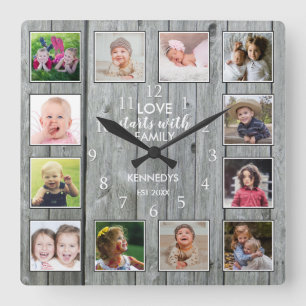Custom 12 Photo Collage Family Quote Grey Wood Square Wall Clock