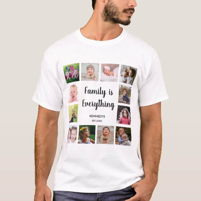 Custom 12 Photo Collage Frame Family Name Quote T-Shirt (Front)