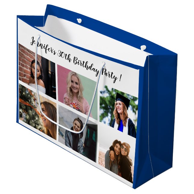 Custom 12 Photo Collage Name Happy Birthday Party  Large Gift Bag (Front Angled)