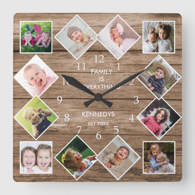 Custom 12 Photo Frame Collage Family Quote  Wood Square Wall Clock (Front)