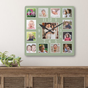 Custom 13 Family Photo Collage Keepsake Sage Green Square Wall Clock