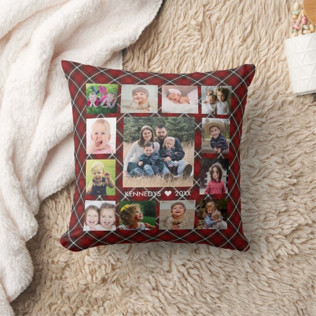 Custom 14 Photo Collage Family Name Red Plaid Cushion (Blanket)