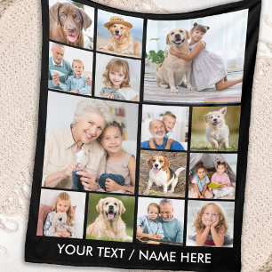 Custom 14 Photo Collage Personalised Black Fleece Blanket