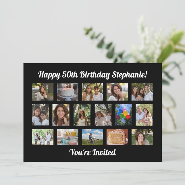 Custom 16 Photo Collage Birthday Party Invitation (Standing Front)