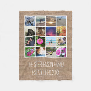Custom 16 Photo Collage Burlap-Look Mosaic Picture Fleece Blanket