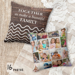 Custom 16 Photo Collage Family Quote Rustic Wood Cushion