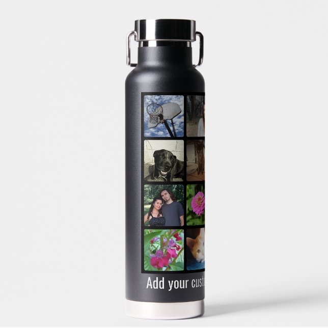 Custom 16 Photo Picture Collage White Lettering Water Bottle (Front)