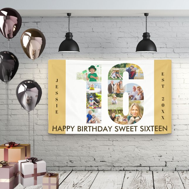 Custom 16th Birthday Party Neutral Photo Collage Banner (Creator Uploaded)