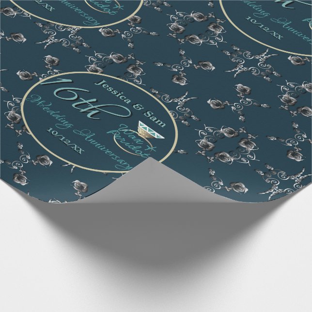Custom 16th Wedding Anniversary Silvery Floral Wrapping Paper (Corner)