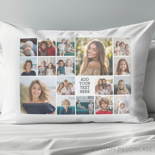 Custom 17 Photo Collage - Black White text Pillowcase (Create Your Own Photo Collage Pillowcase)