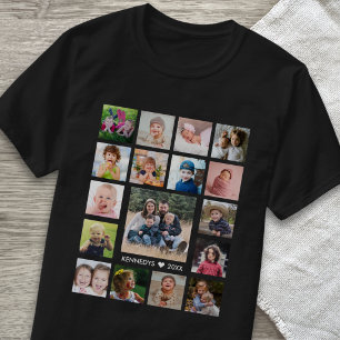 Custom 17 Photo Collage Family Name Text Black T-Shirt