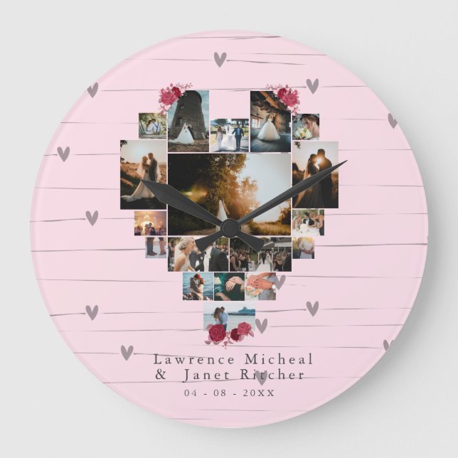 Custom 18 Heart shaped Photo Collage couples gifts Large Clock (Front)