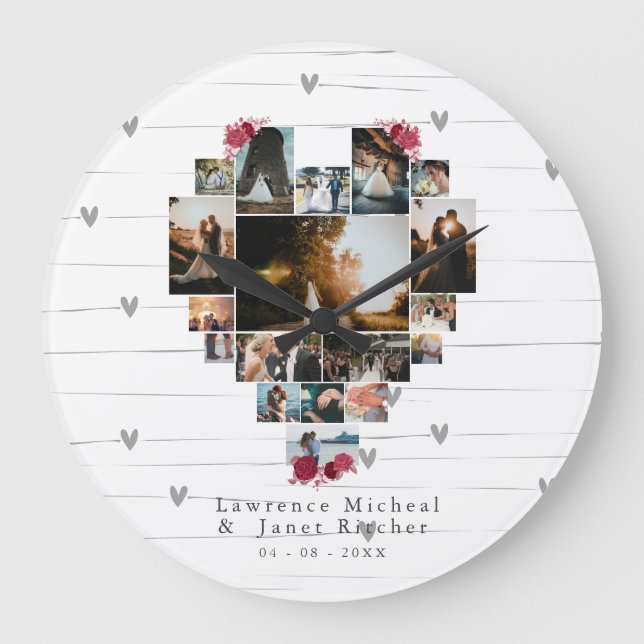 Custom 18 Heart shaped Photo Collage couples gifts Large Clock (Front)