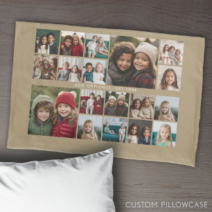Custom 18 Photo Collage - beige - white text Pillowcase