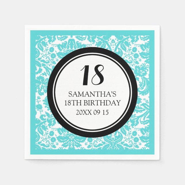Custom 18th Birthday Napkin Aqua Black Damask (Front)