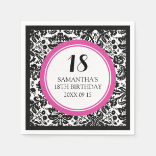 Custom 18th Birthday Napkin Pink Black Damask