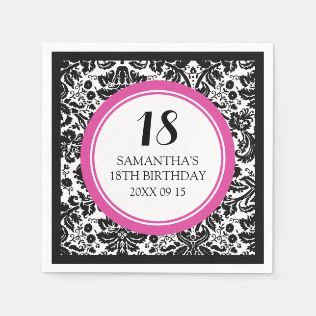 Custom 18th Birthday Napkin Pink Black Damask (Front)