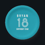 Custom 18th Year Birthday Custom Colour V14M Paper Plate<br><div class="desc">Custom 18th Year Birthday Custom Colour V14M AQUA BLUE and WHITE. Create Your Own Custom Paper Plate! You can change the background colour or the text colours for a different look. Personalise with a name, monogram, or sentiment, or add a photo. You can delete the existing image and/or text fields...</div>
