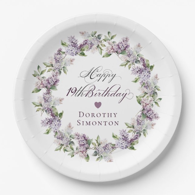 Custom 19 Birthday Purple Lilac Spring Flower Paper Plate (Front)