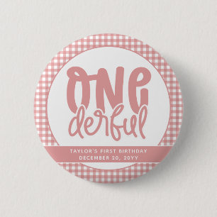 Custom 1st Birthday Cute Pastel Pink Onederful 6 Cm Round Badge