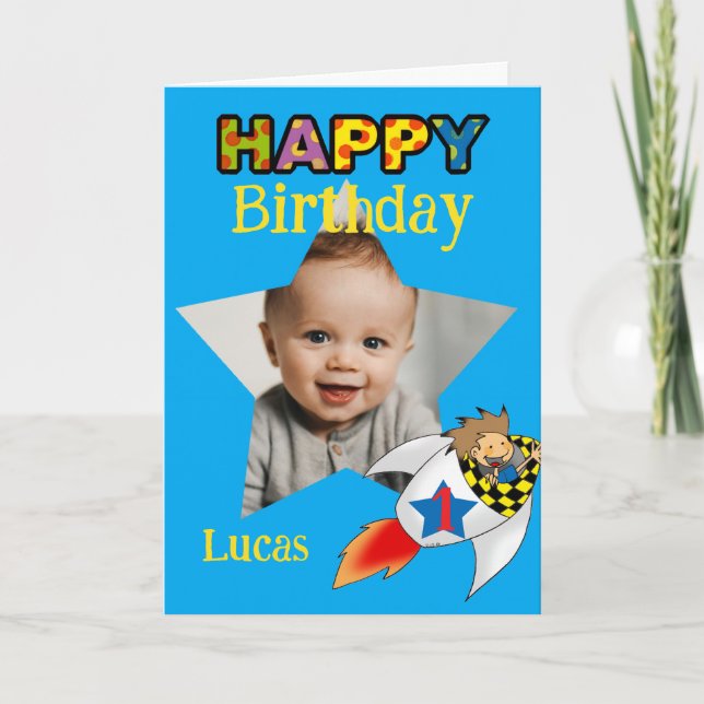 Custom 1st Birthday Rocket Photo boy Card (Front)