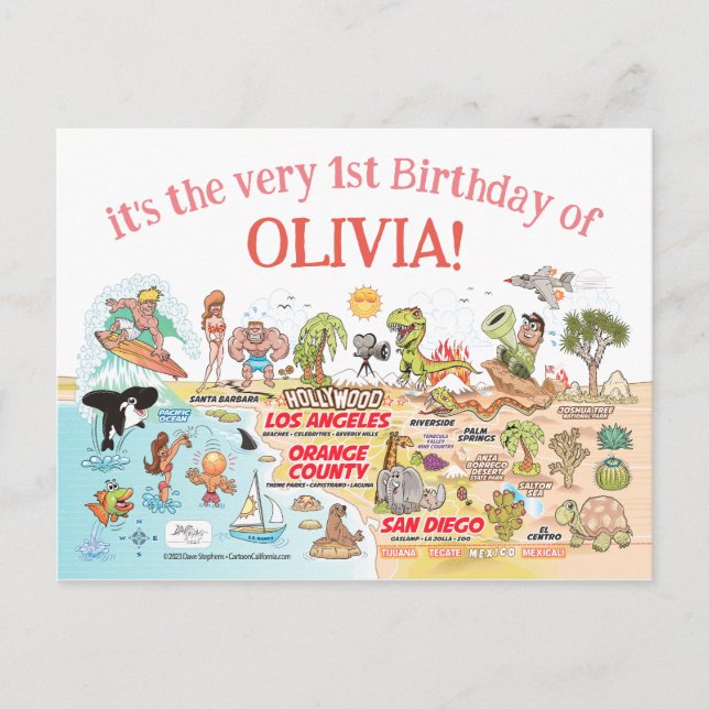 Custom 1st Birthday SoCal Invitation Postcard (Front)