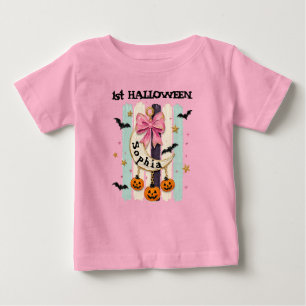 Custom 1st Halloween Coquette Bow Moon Catcher Baby T-Shirt