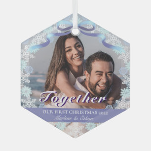 Custom 1st Married Xmas Light Purple Blue Tone Glass Tree Decoration