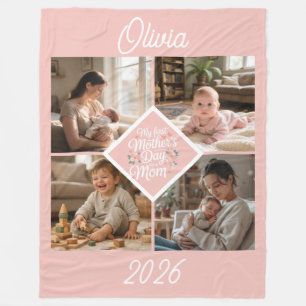 Custom 1st Mother's Day Photo Collage Pink Floral Fleece Blanket