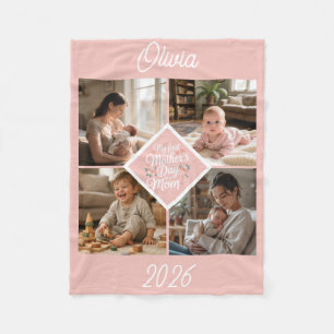 Custom 1st Mother's Day Photo Collage Pink Floral Fleece Blanket