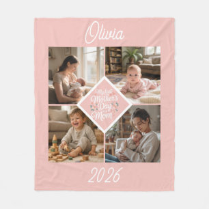 Custom 1st Mother's Day Photo Collage Pink Floral Fleece Blanket