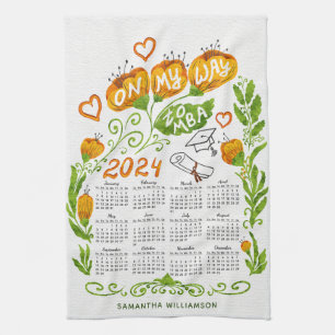 Custom 2024 Calendar MBA Student Orange Floral Tea Towel