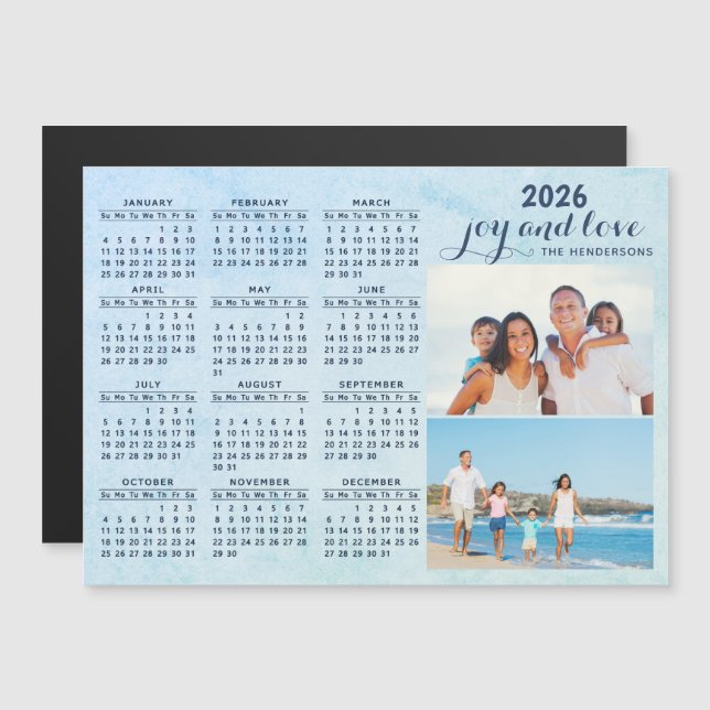 Custom 2026 Calendar Magnet Two Photo Collage Blue (Front/Back)