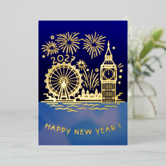 Custom 2027 London Fireworks Happy New Year Gold Foil Holiday Card