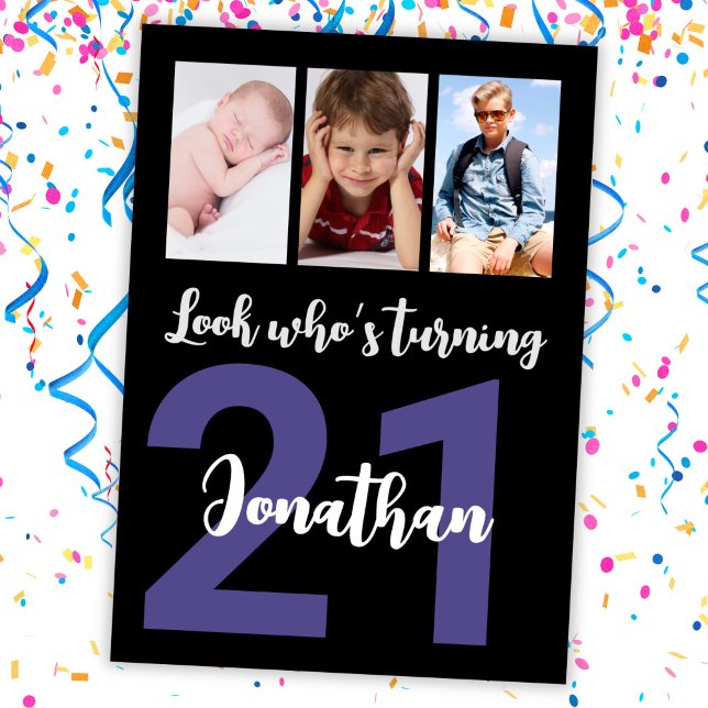 Custom 21st Birthday Black Modern Photo Collage Invitation (Creator Uploaded)