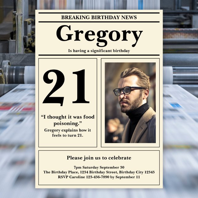 Custom 21st Birthday Funny Quote Retro Newspaper Invitation (Creator Uploaded)