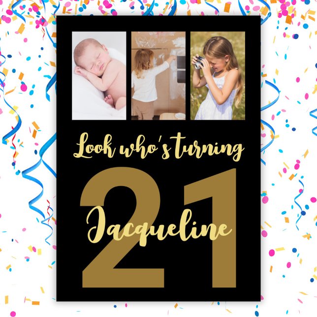Custom 21st Birthday Gold Modern Photo Collage Invitation (Creator Uploaded)