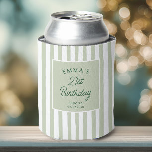 Custom 21st Birthday Preppy Sage Striped Party Can Cooler