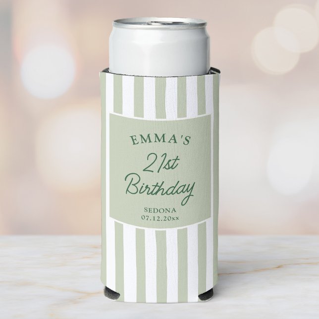 Custom 21st Birthday Preppy Sage Striped Party Seltzer Can Cooler (Creator Uploaded)