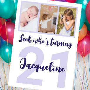 Custom 21st Birthday Purple Script Photo Collage Invitation