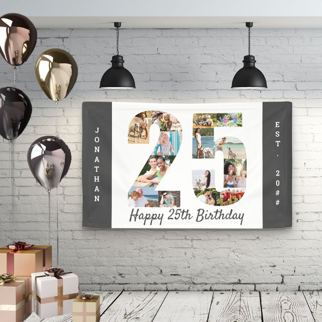 Custom 25th Birthday Party Neutral Photo Collage Banner (Creator Uploaded)