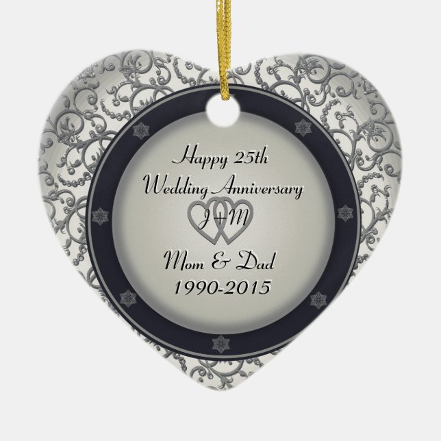 Custom 25th Silver Wedding Anniversary Ceramic Tree Decoration (Front)