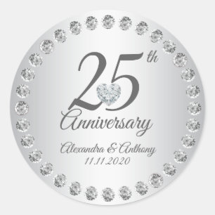 Custom 25th Wedding Anniversary Diamonds Silver Classic Round Sticker